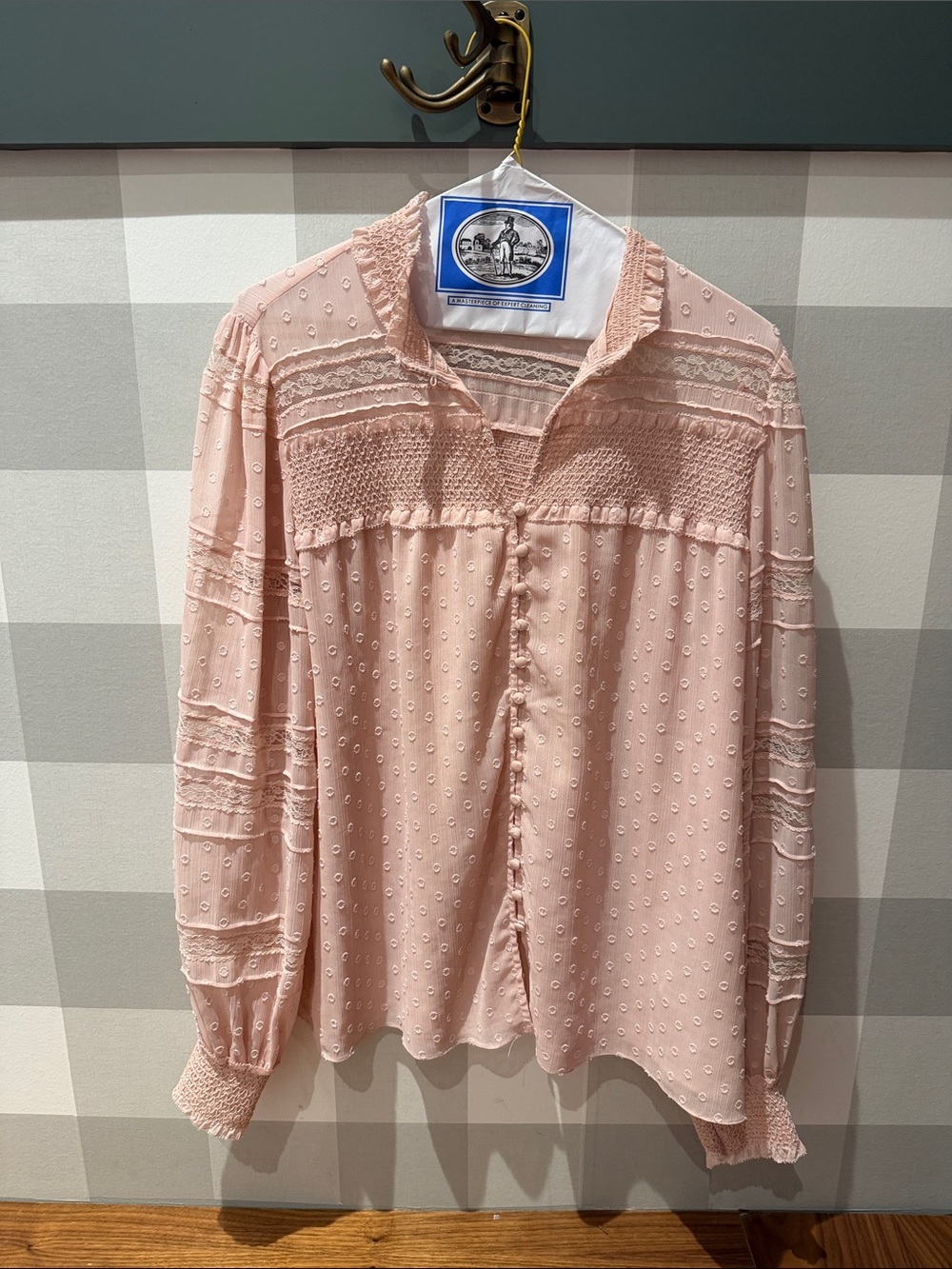 White House Black Market Blush Pink Swiss Dot Lace-Trim Blouse